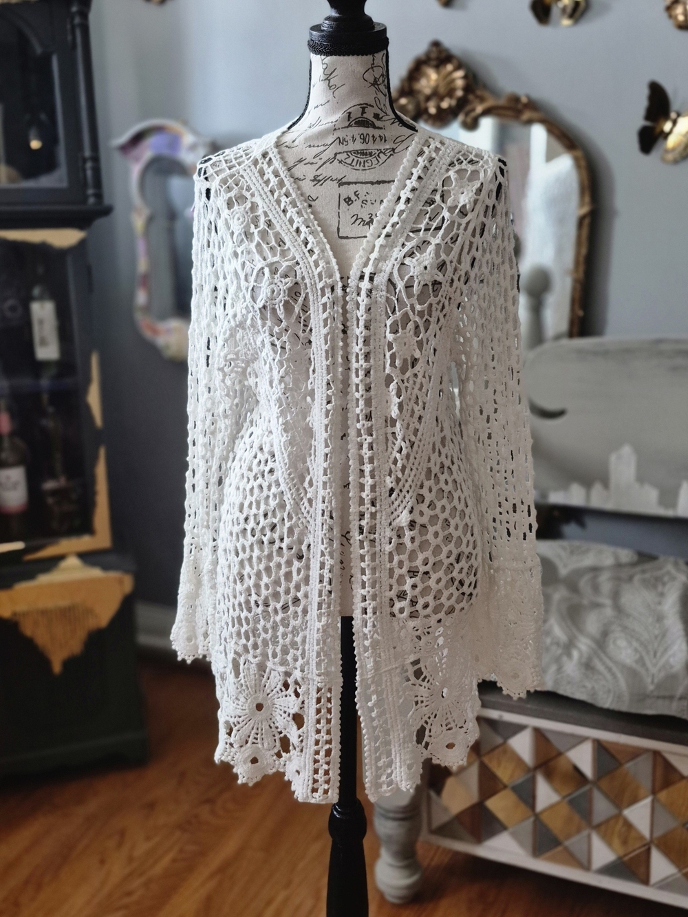 Boho Gypsy White Crochet Open-Front Cardigan Medium